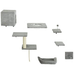 PwaHut Cat Climbing Wall, 7-piece Set with Cat House, Platform, Scratching Post, Grey