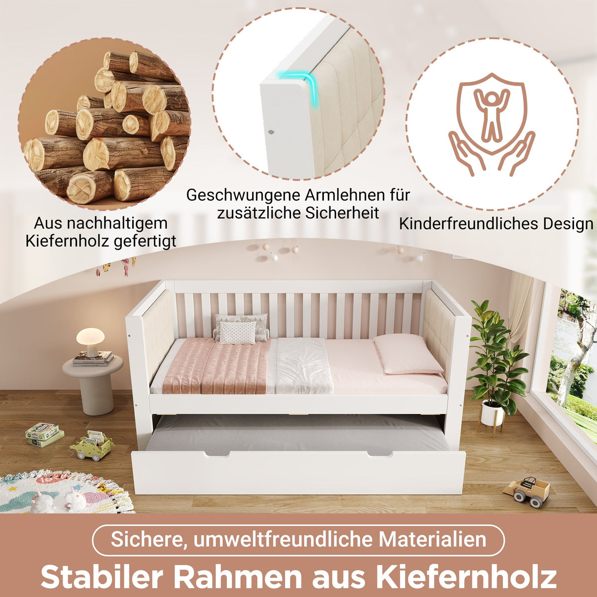Daybed with Pull-out Bed, 90x190cm Space-Saving Design with Slatted Base, White Wood