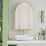 Stylish Arched Mirror Cabinet, Recessed Wall Storage Metal Framed, Gold