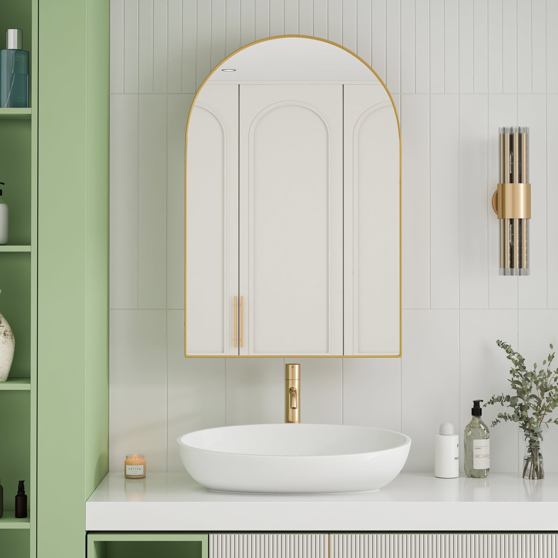 Stylish Arched Mirror Cabinet, Recessed Wall Storage Metal Framed, Gold