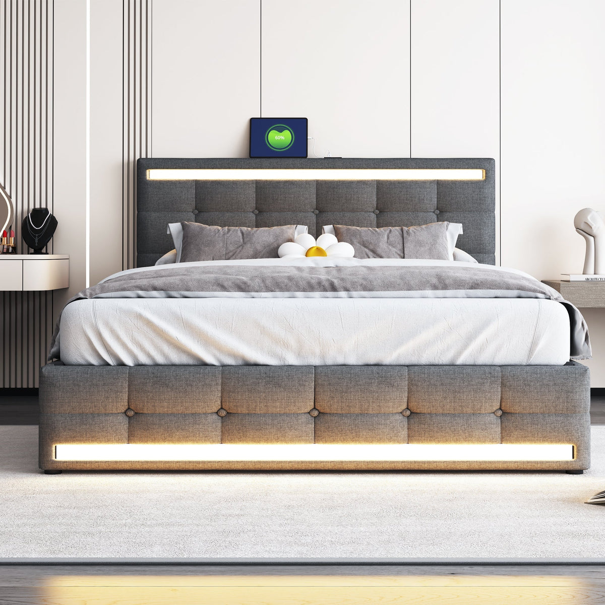 Upholstered Bed 140x200, LED, 4 Drawers, 2 USB Charging Stations, Linen Fabric Gray