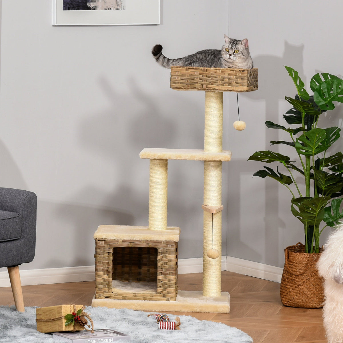 Rattan Cat Tree, 3 Levels, Cat Cave, Sisal & Plush, Brown and Beige