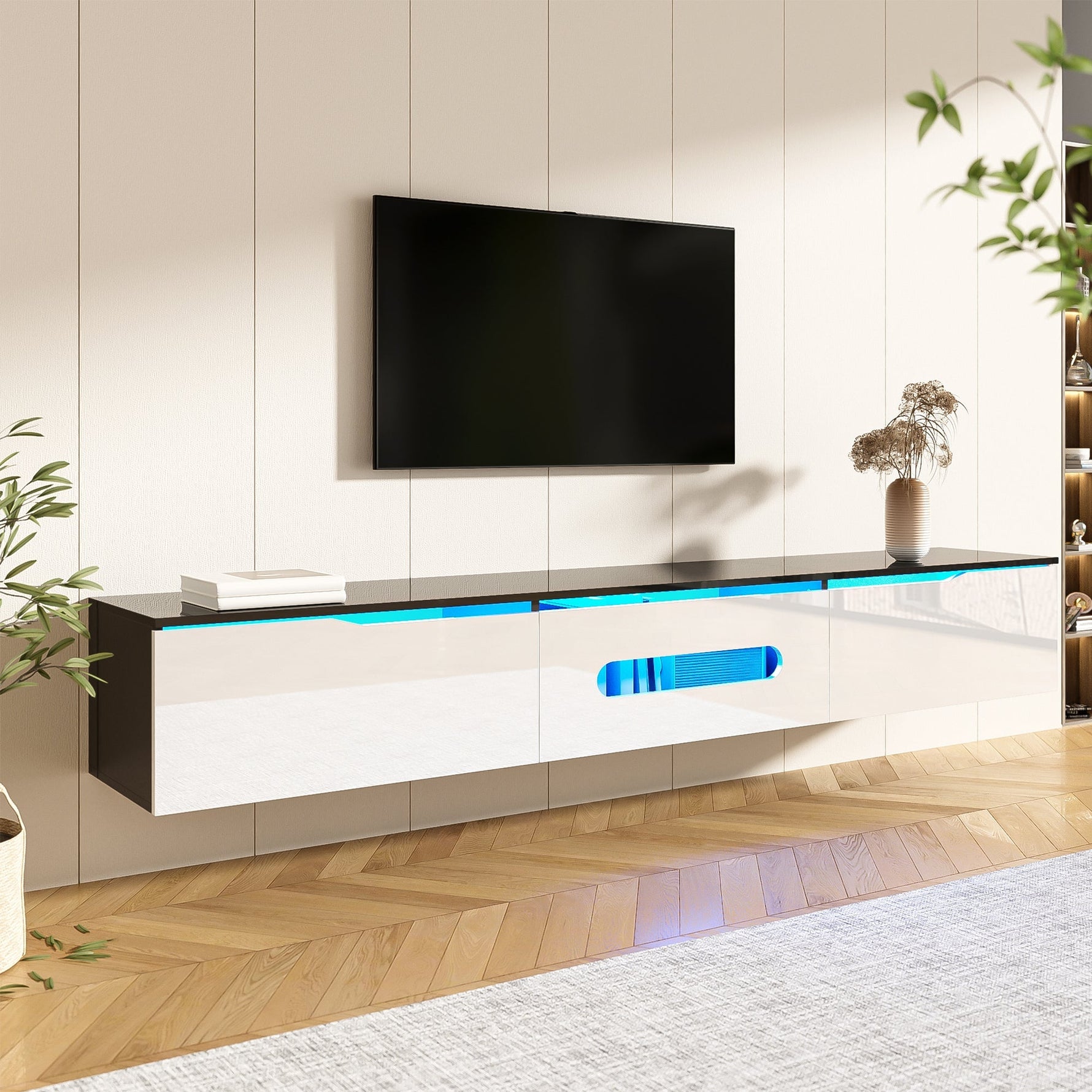 TV Cabinet 180cm LED Lighting Wall-Mountable High-Gloss Black/White