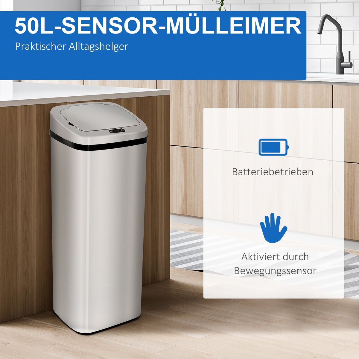 Automatic Trash Can with Sensor, Kitchen Waste Bin, Stainless Steel, Silver (50L)