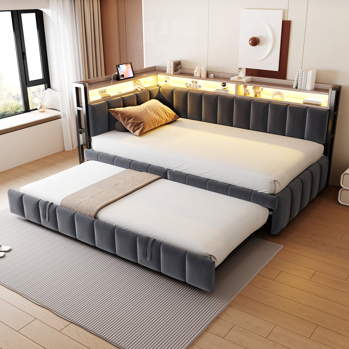 Upholstered Sofa Bed 90x200cm with Pull-Out Bed, Dark Grey Velvet