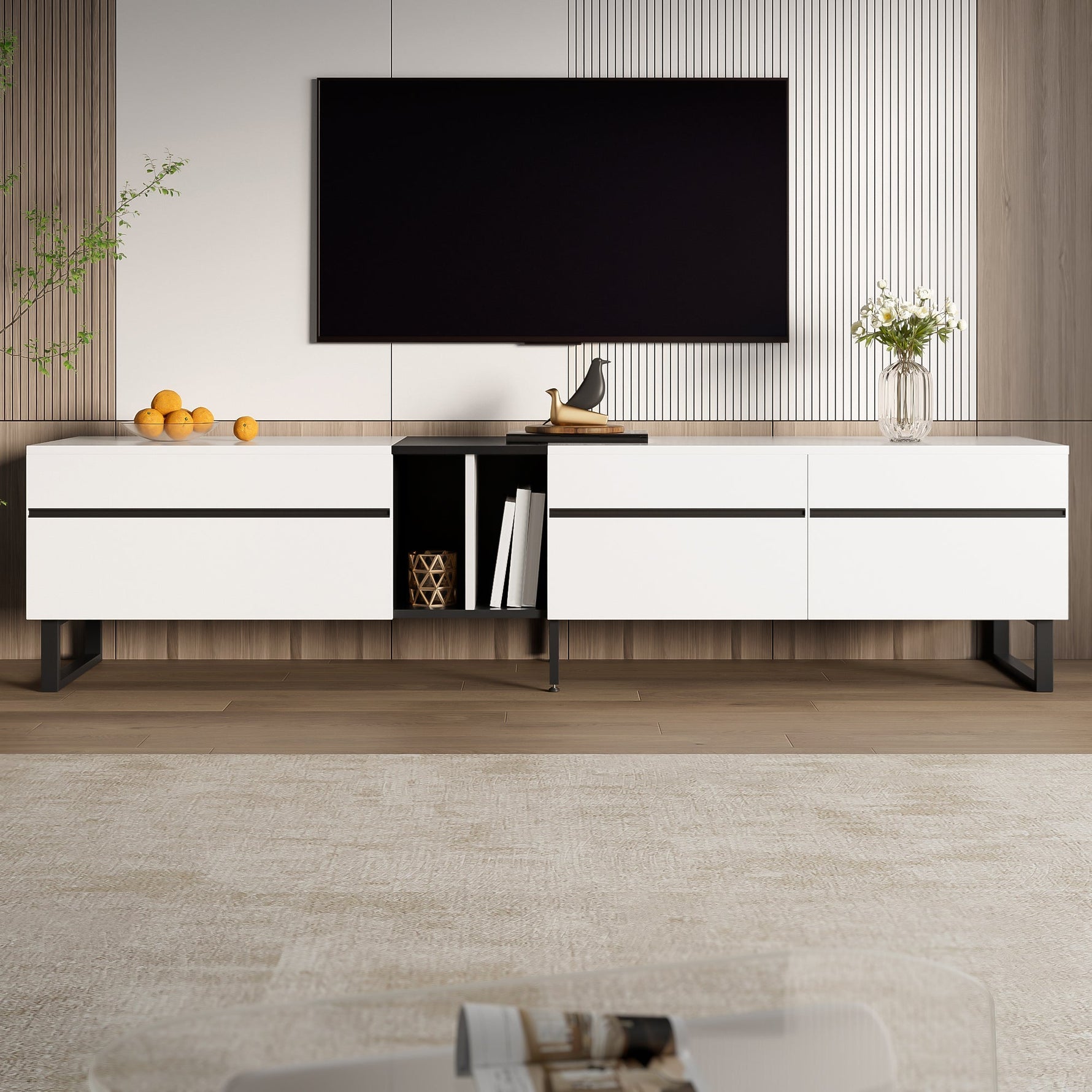 TV Stand 180cm Drop-Down Open Shelves Double Doors - White
