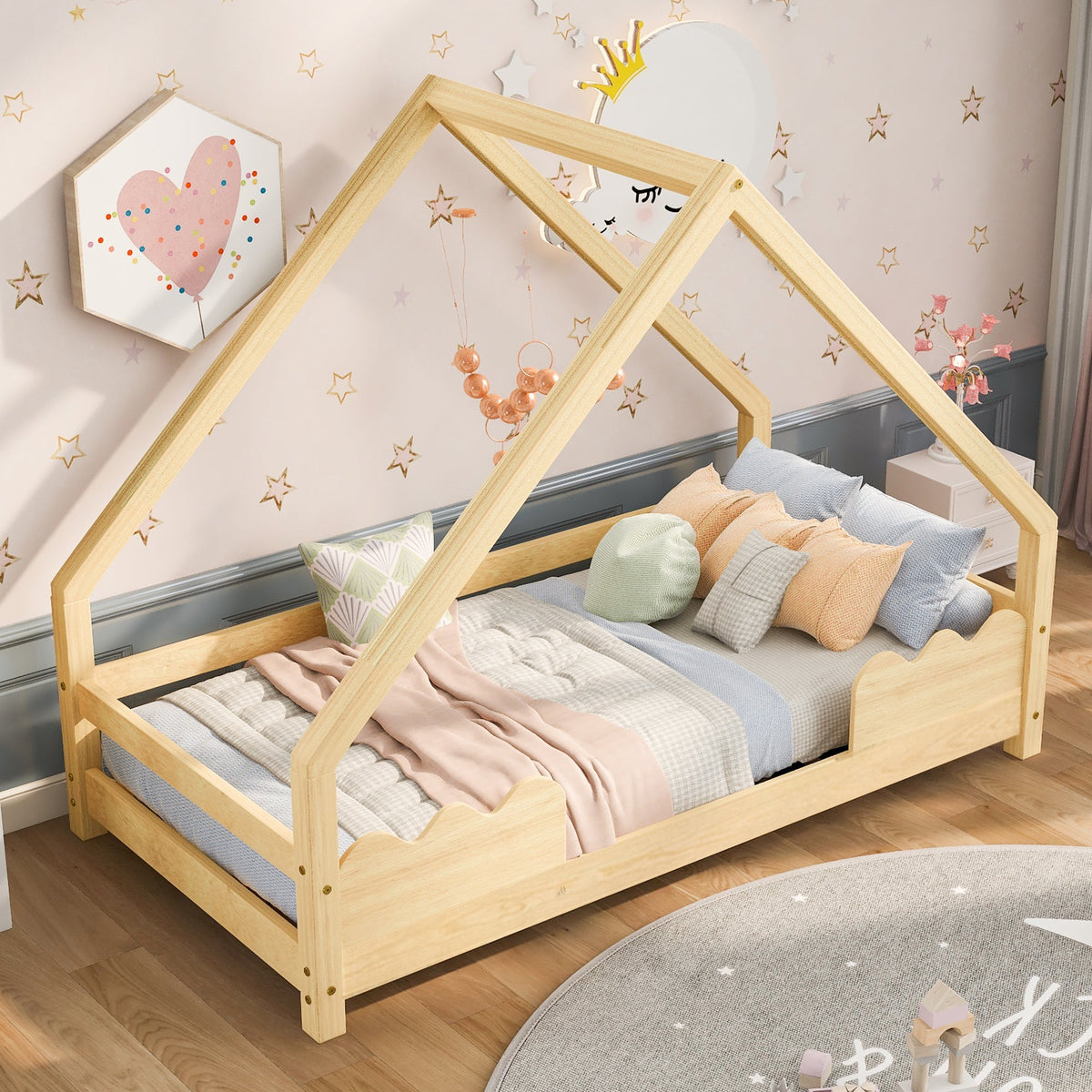 House Bed 90x200cm Fall Protection - Solid Wood Natural