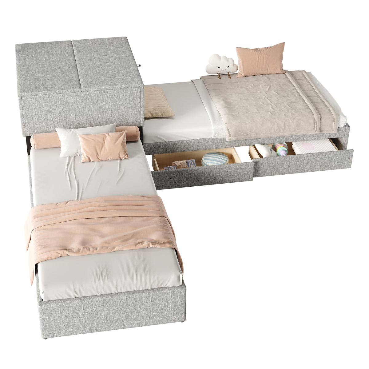 Corner Bed with Trundle & Storage, 90x200 cm, Grey Linen