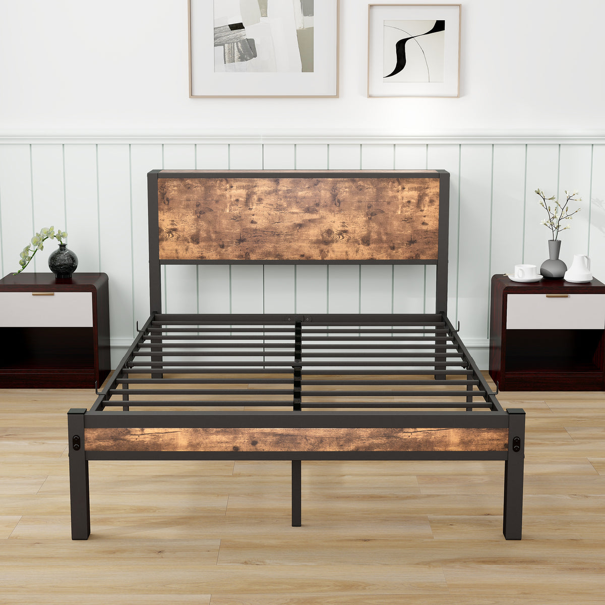 Metal Platform Bed Frame 120x200cm Storage Headboard, Vintage Brown