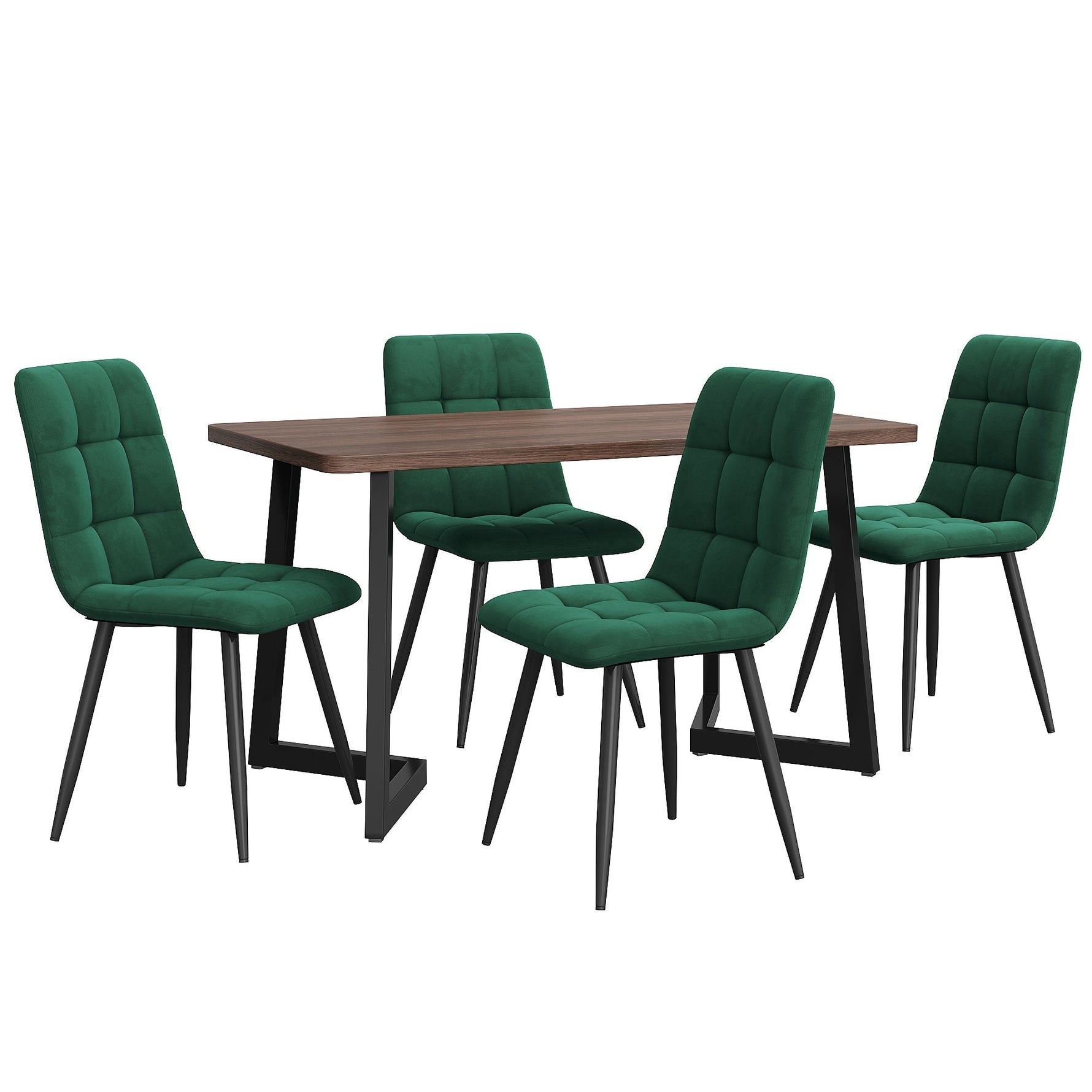 5-Piece Dining Set, Modern Kitchen Table & 4 Chairs, Walnut MDF & Dark Green Velvet