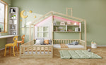 Children's Bed with Window, Shelves and LED Light Strip, Wood Color