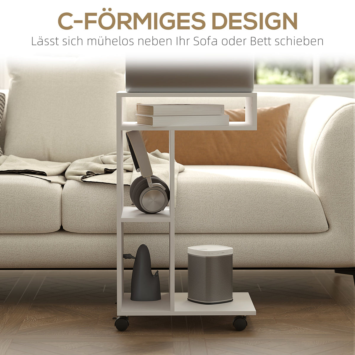Side Table with Wheels, 4 Shelves, White