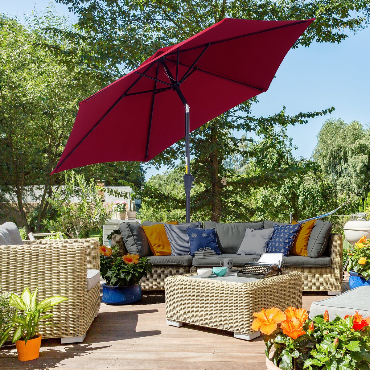 Folding Parasol Garden Umbrella 2.6m Aluminum Hand Crank, Red Polyester