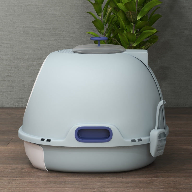 Cat Litter Box with Skylight, Bottom Tray & Scoop, Portable, Lake Blue PP ABS