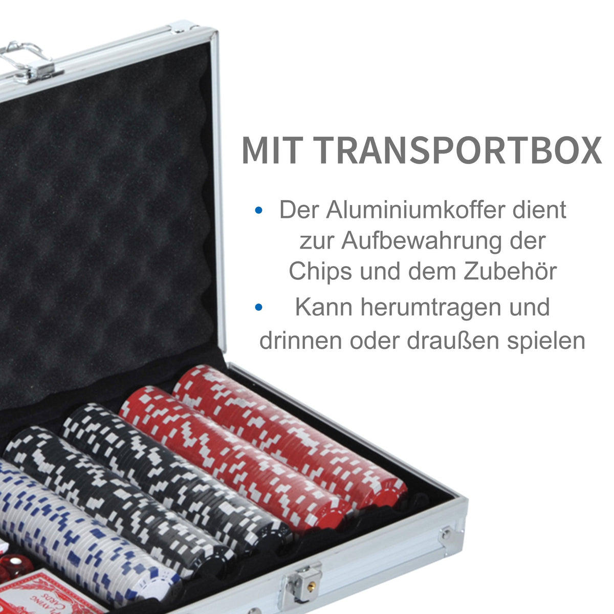 Poker Case Set, 500 Chips, 2 Card Games, 5 Dice, Aluminum