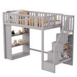 Loft Bed, 90 x 200 cm, Storage Stairs & Compartments, Wood, Grey