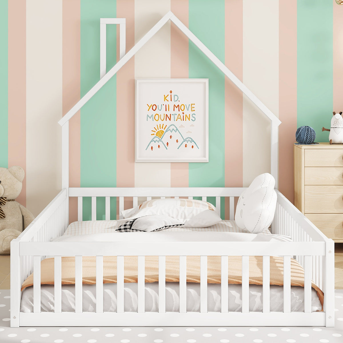Children's Upholstered Bed 140x190cm Chimney Shape, White Pine Wood