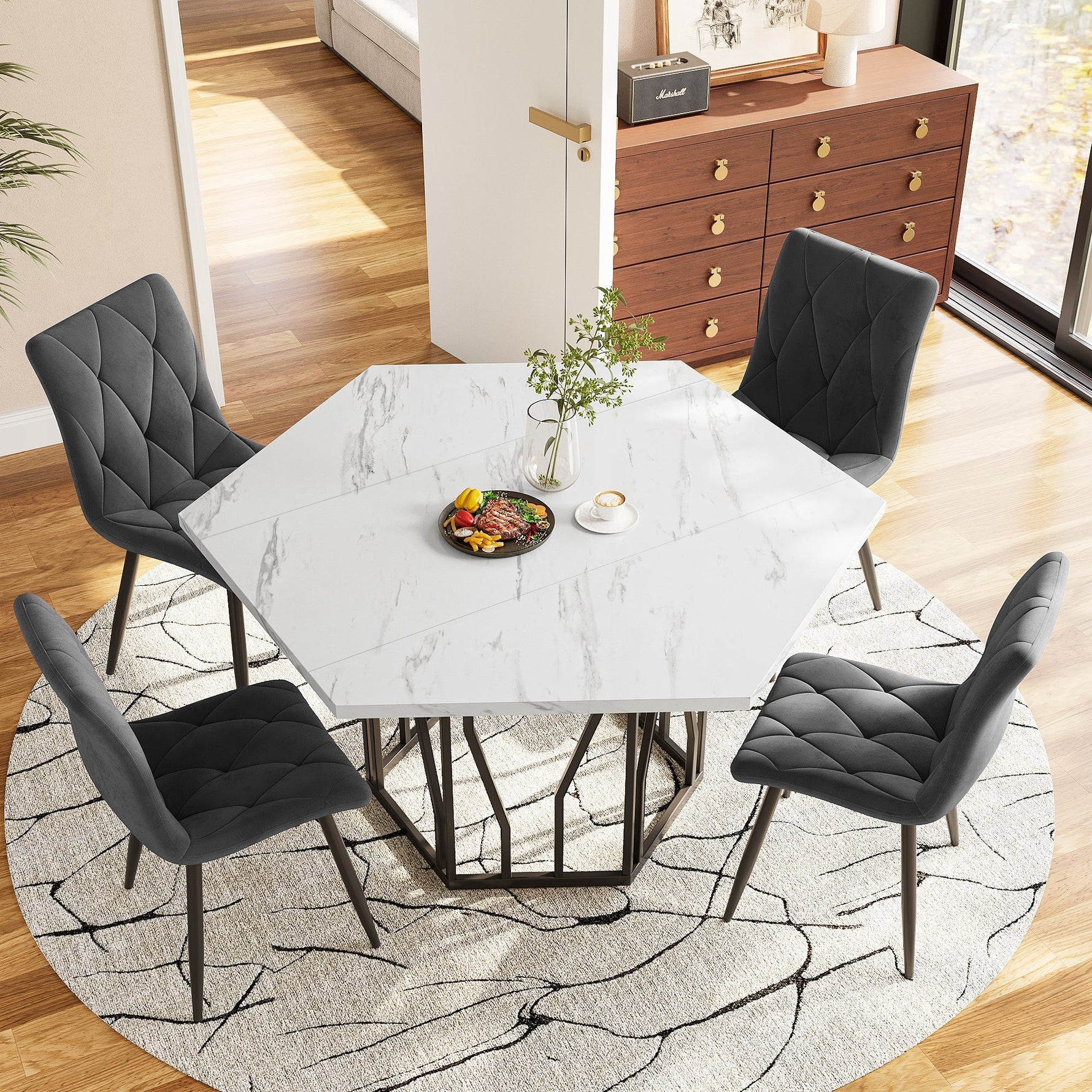 Dining Set 5-Piece, Hexagonal Marble Table with 4 Velvet Chairs, Grey Velvet