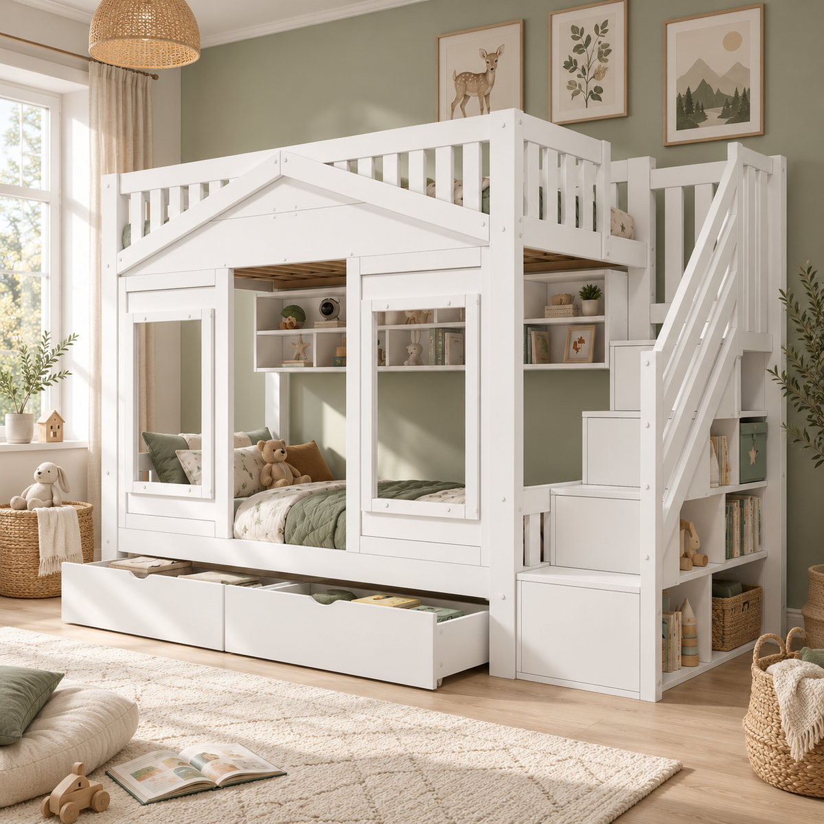 Children's Bunk Bed 90x200cm with Storage Stairs, Solid Wood White