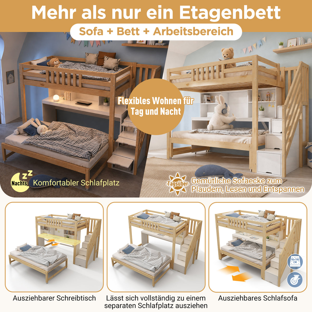 Children's Bunk Bed with Desk & Trundle, White & Oak Wood
