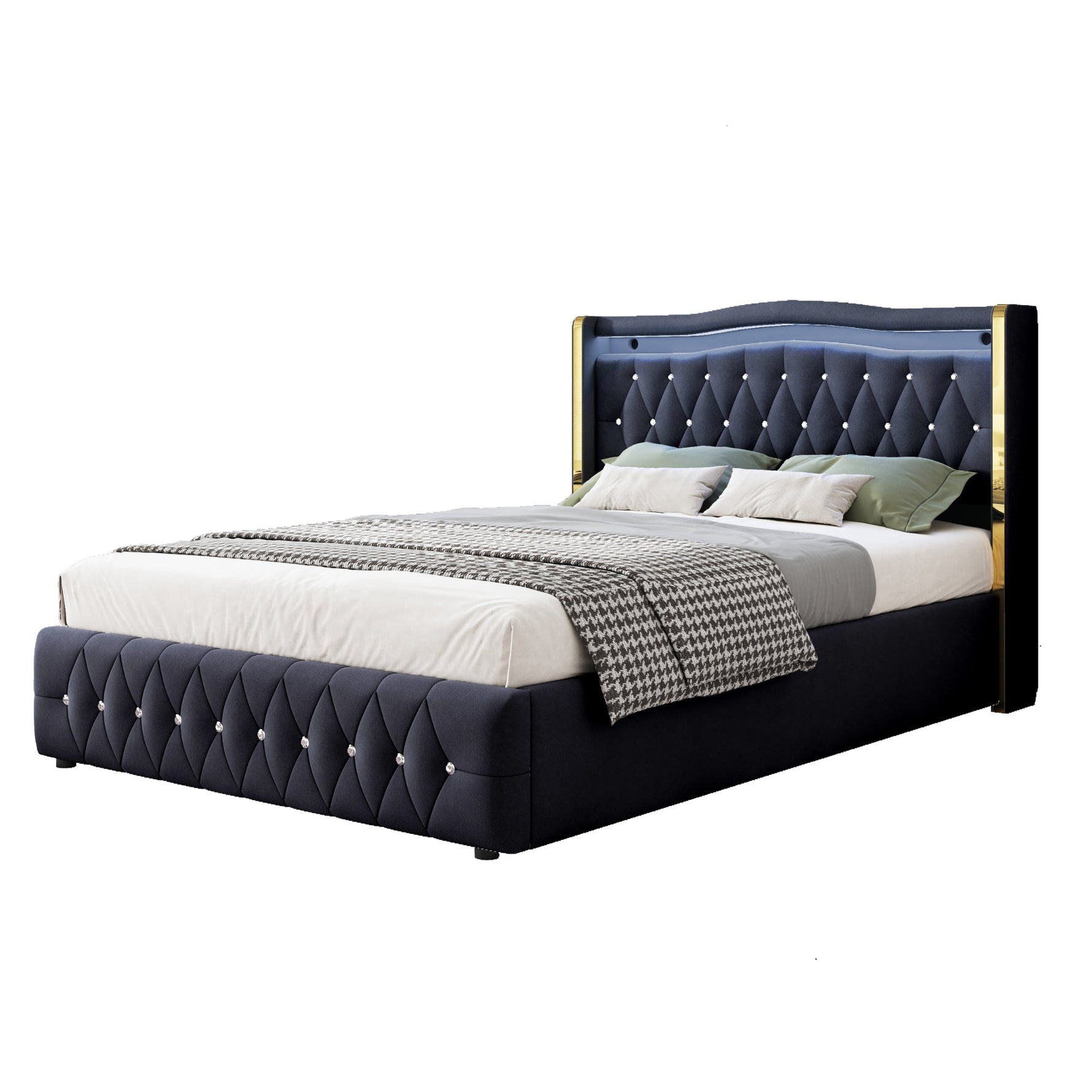 Upholstered Bed, 140x200cm LED Hydraulic Storage, Velvet Black