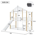 Bunk Bed with Slide & Ladder, House Bed with Fences, Solid Wood, White+Natural, 90x200cm