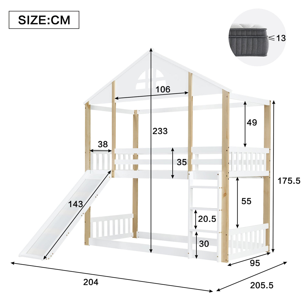 Bunk Bed with Slide & Ladder, House Bed with Fences, Solid Wood, White+Natural, 90x200cm