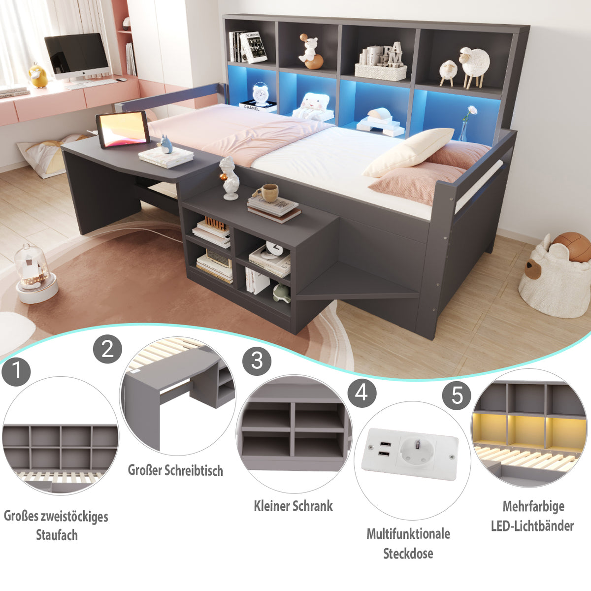 Children's Bed 90x200cm with Desk & LED Light, Solid Wood, Grey