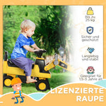 Children's excavator ride-on with operable shovel, anti-tip device, non-slip wheels, yellow and black