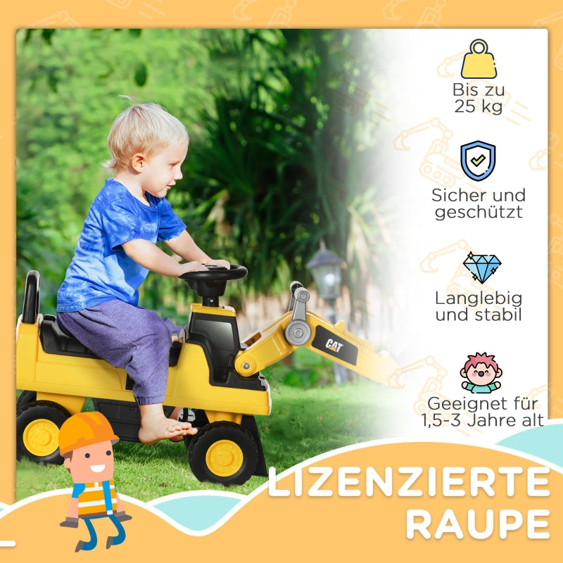 Children's excavator ride-on with operable shovel, anti-tip device, non-slip wheels, yellow and black