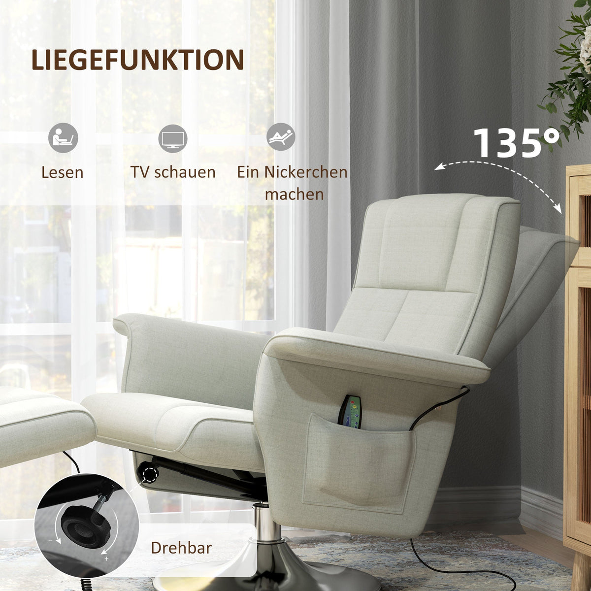 Recliner Chair, Swivel Massage with Footstool, Electric, Linen Look, Steel, Cream White