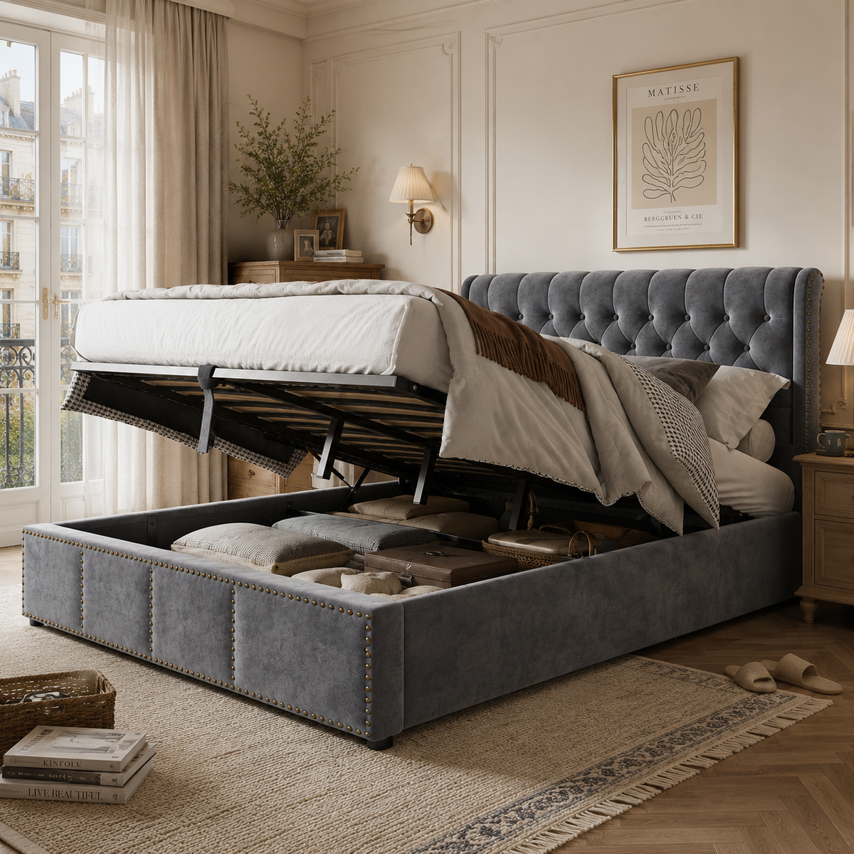 Daybed Sofa Bed 90x200cm with LED & Pull-Out Bed, Grey Linen