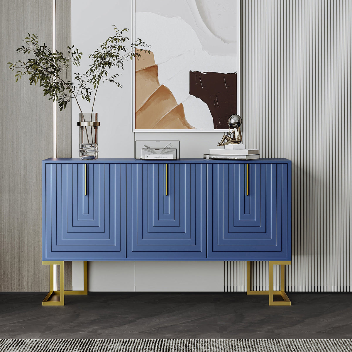Sideboard, 3-Door Adjustable Shelves U-Shaped Metal, Navy Blue