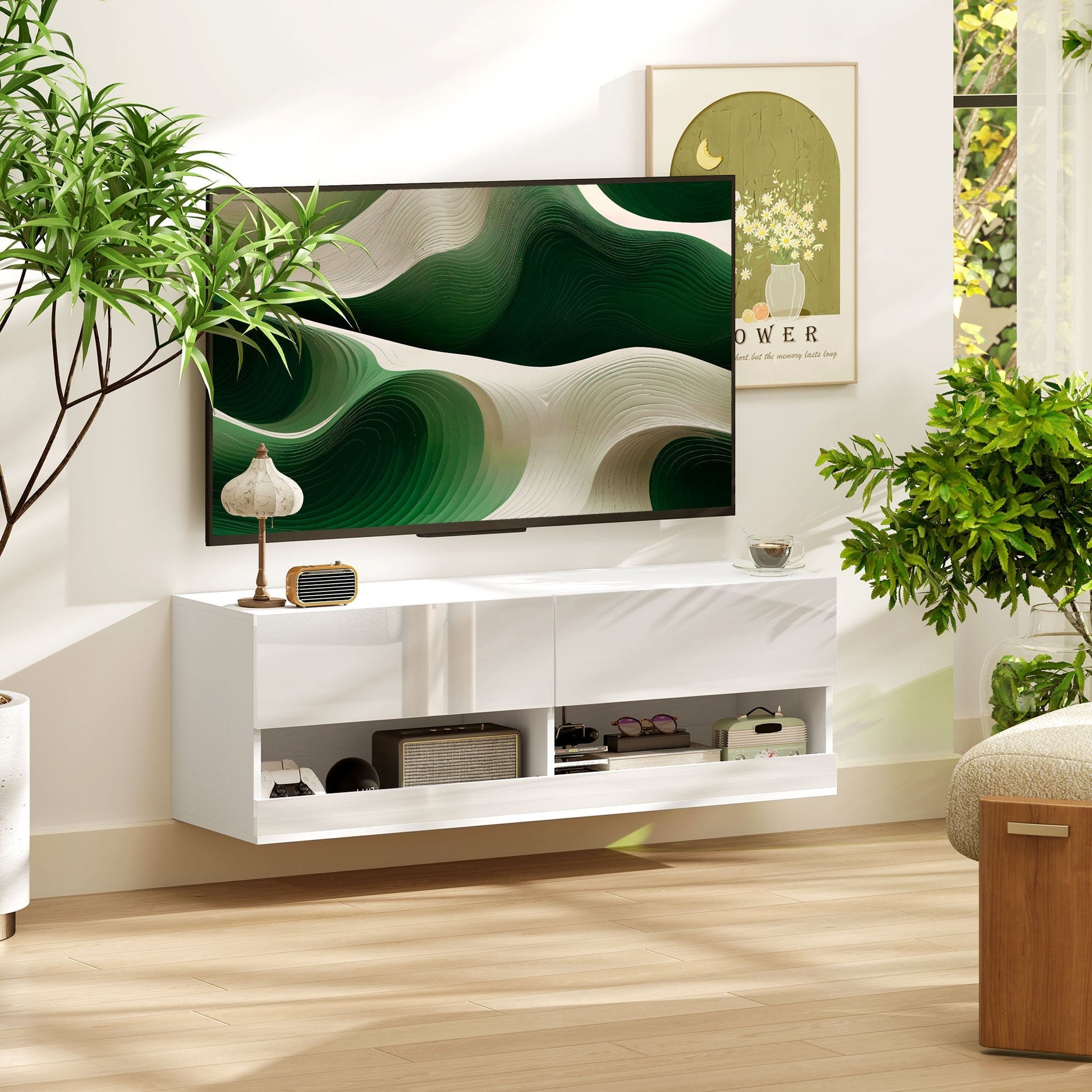 Wall-Mounted TV Cabinet, LED Lighting, Open Shelves, High-Gloss White