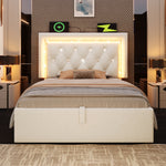 Upholstered Single Bed 90x200cm with LED & Storage, Beige Velvet