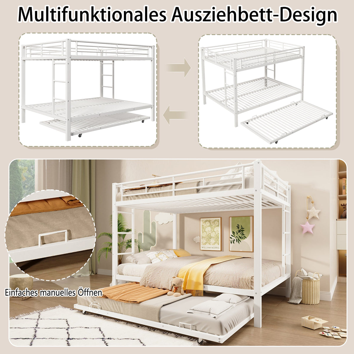 Bunk Bed with Pull-Out Bed and High Railings, 140x200cm Iron Frame, White