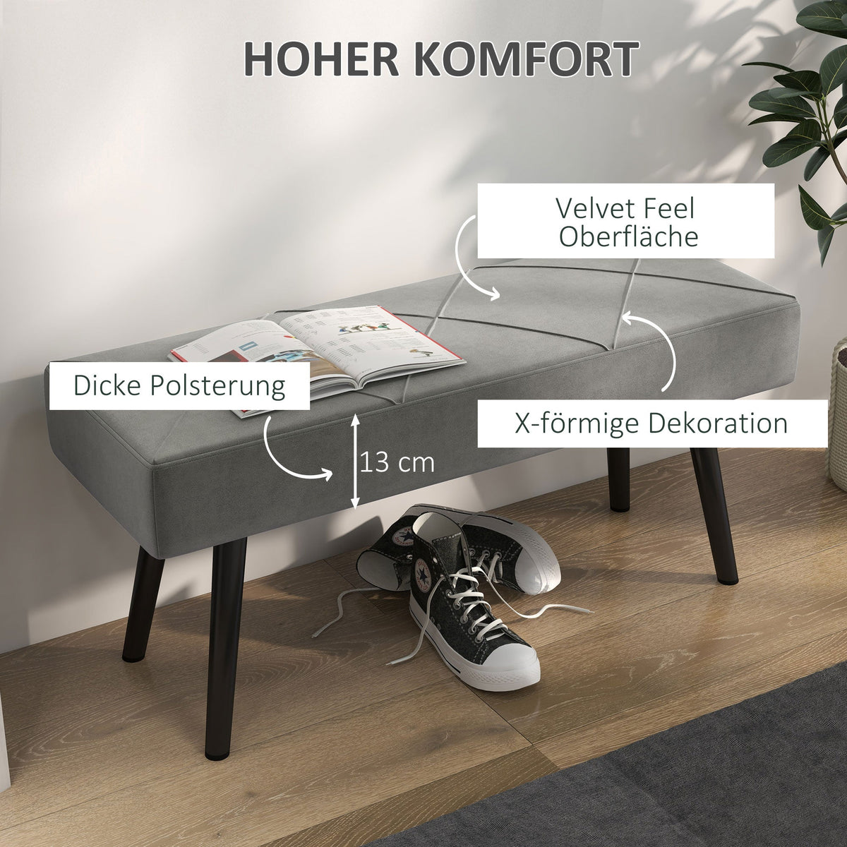 Upholstered Bench - Velvet Look, X-Pattern, 100x36x45 cm - Grey