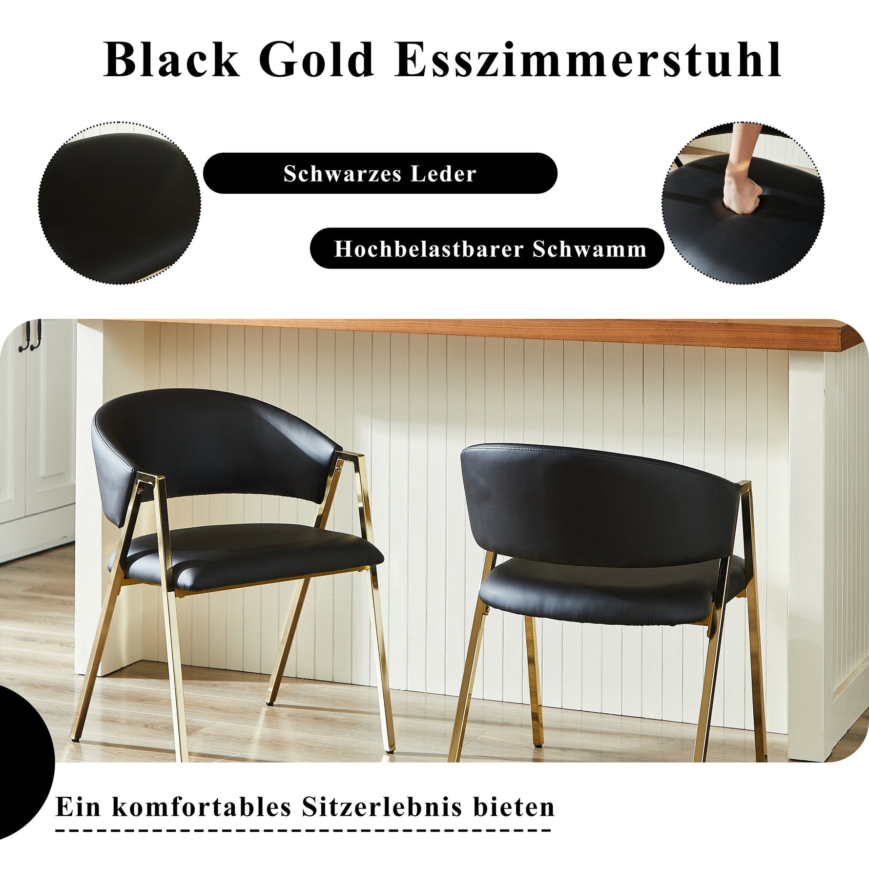 Set of 2 Dining Chairs Modern Minimalist Gold Metal Frame - Black PU Leather