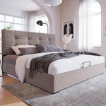 Hydraulic Double Upholstered Bed 140x200cm, Adjustable Headboard, Storage, Light Grey Velvet