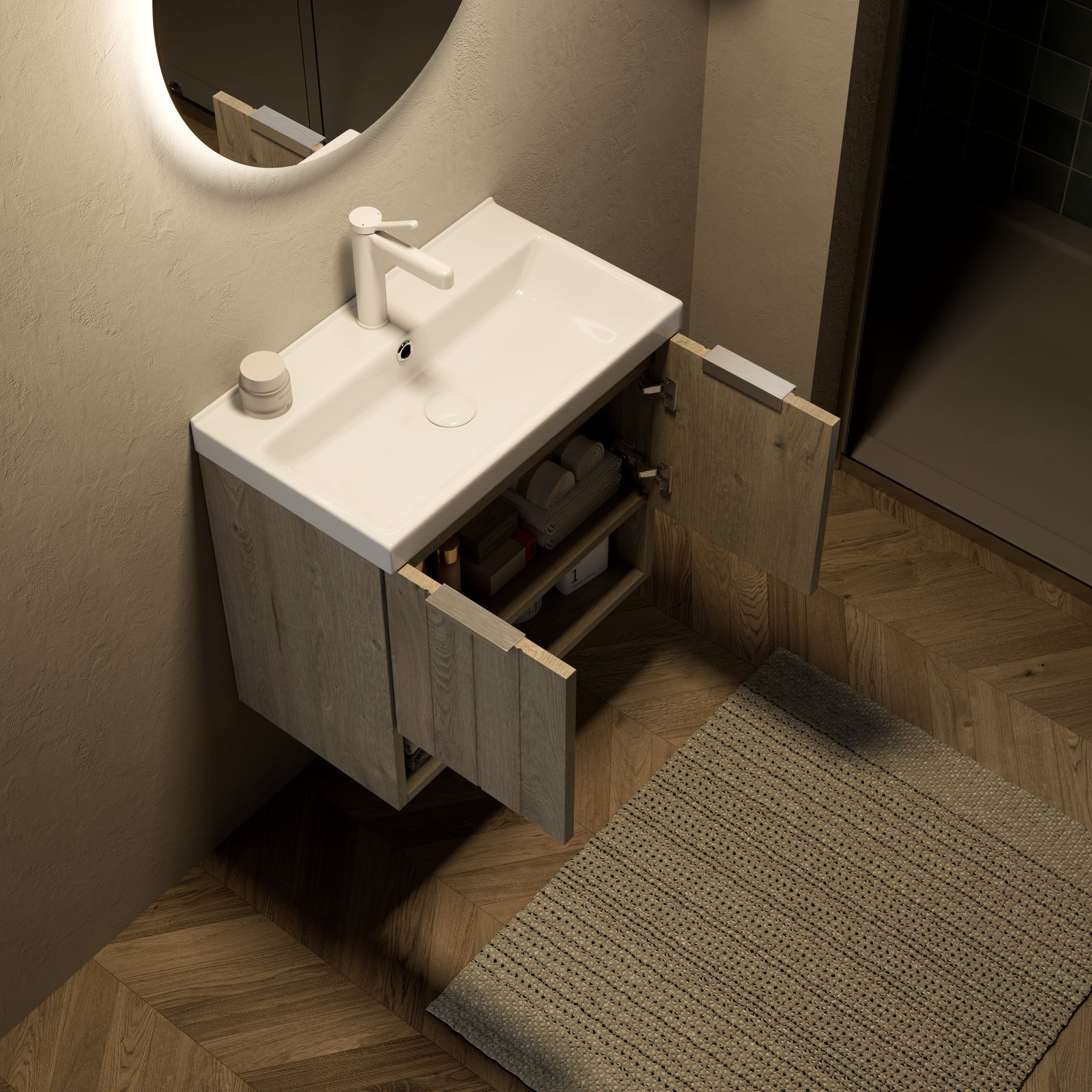 Wall-mounted Bathroom Vanity Unit with Ceramic Sink and Open Shelf, 55cm, Oak Cream