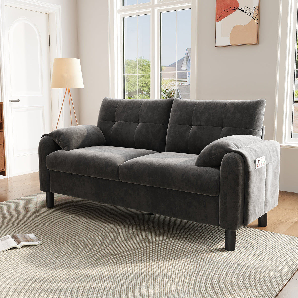 Modern 2-Seater Sofa, Thick Cushions, Scandinavian Design, Chenille Gray