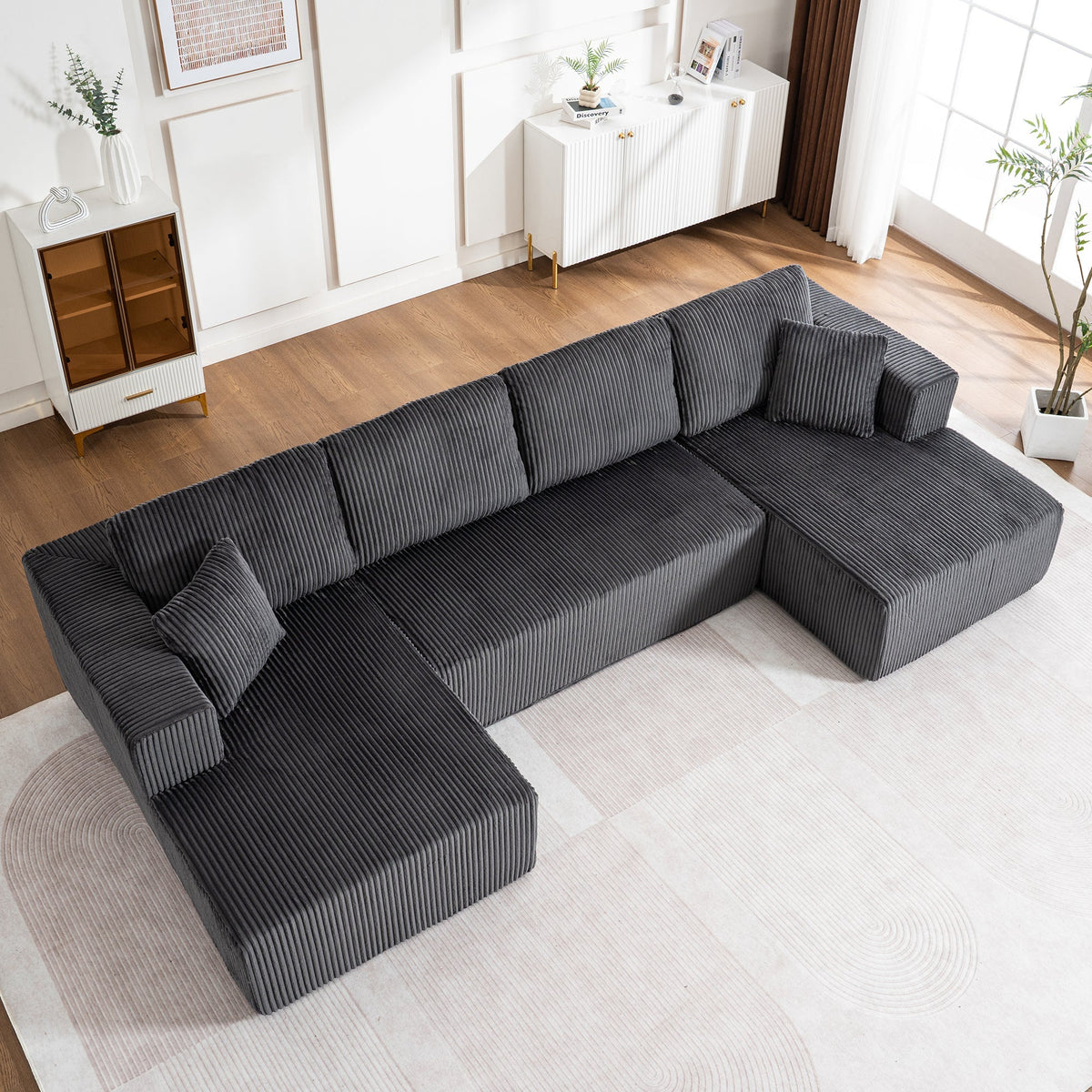 Modern U-Type Leisure Sofa with Modular Design and Lounge Chairs, Lamp Fabric