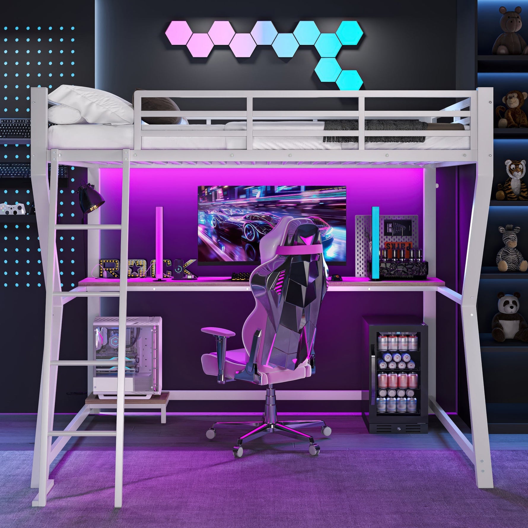 Loft Bed 90x200cm Desk LED USB Port Stairs - White