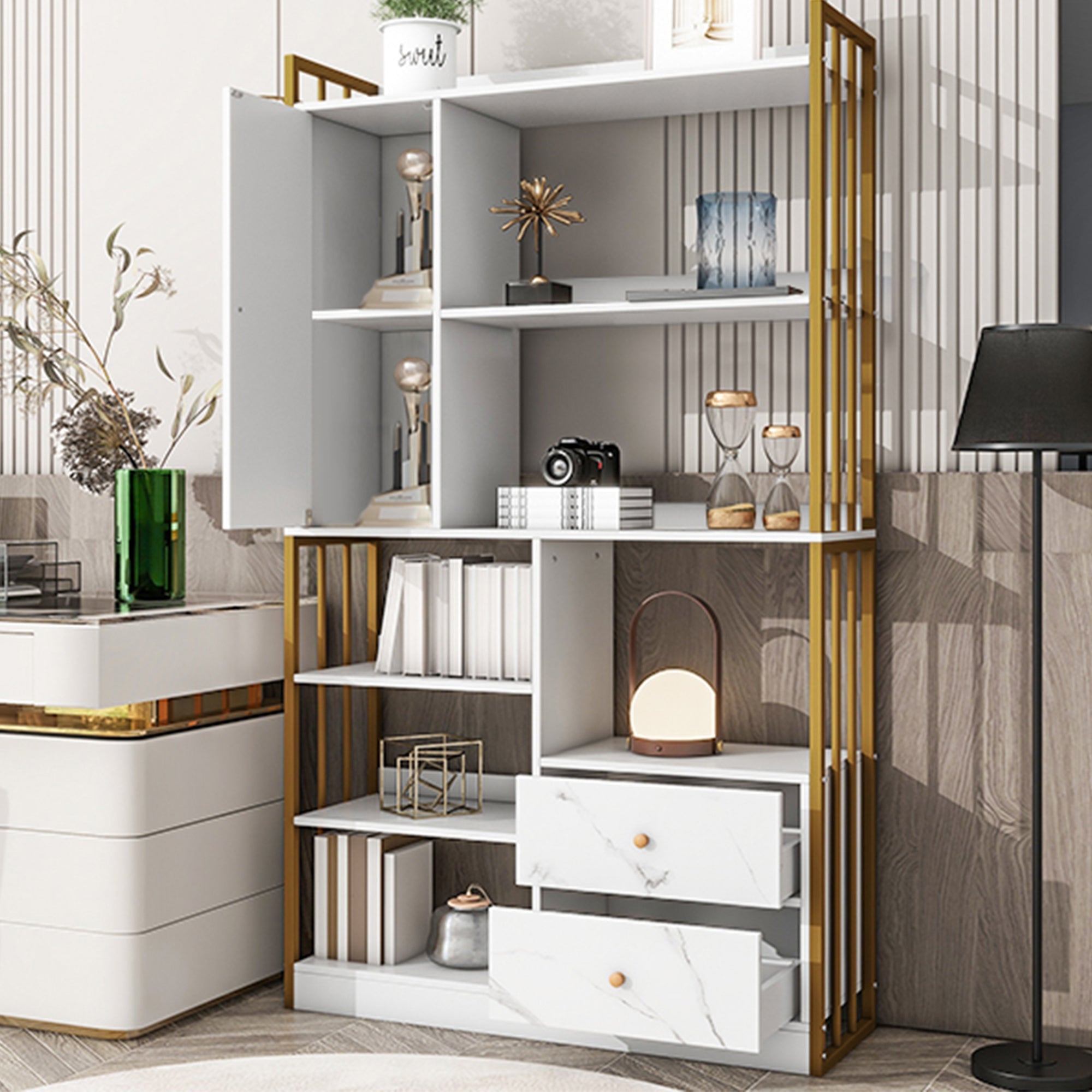 Bookcase, 6-Shelf Vertical with Doors & Drawers, Industrial Steel, White Marbled with Gold Frame