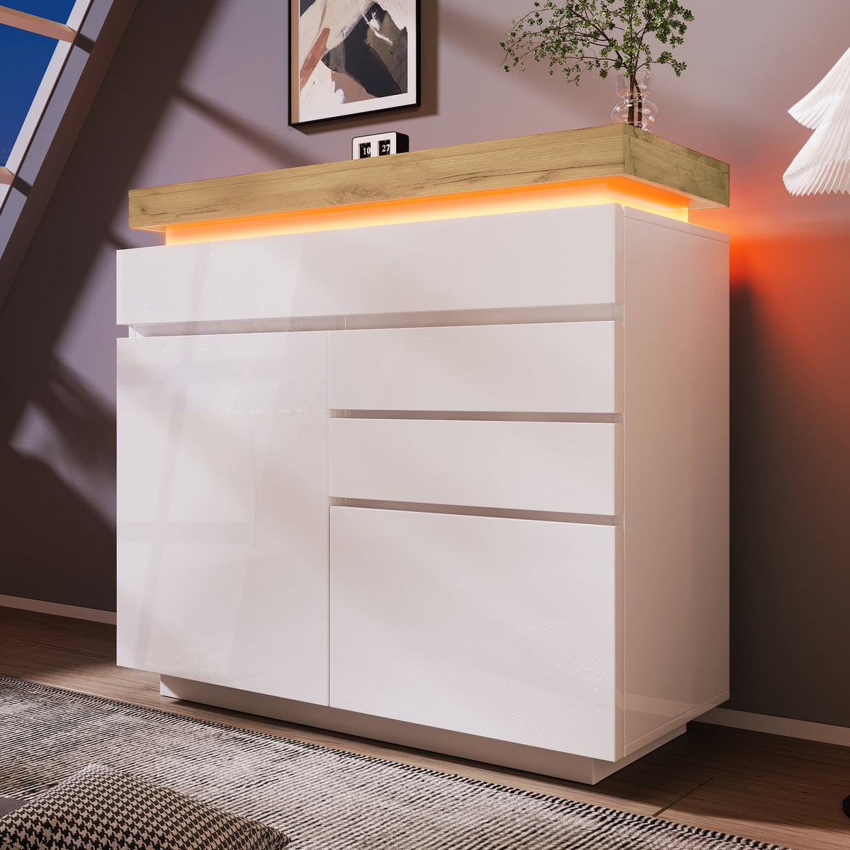 Chest of Drawers, High-Gloss Sideboard 2 Doors 3 Drawers, LED, White