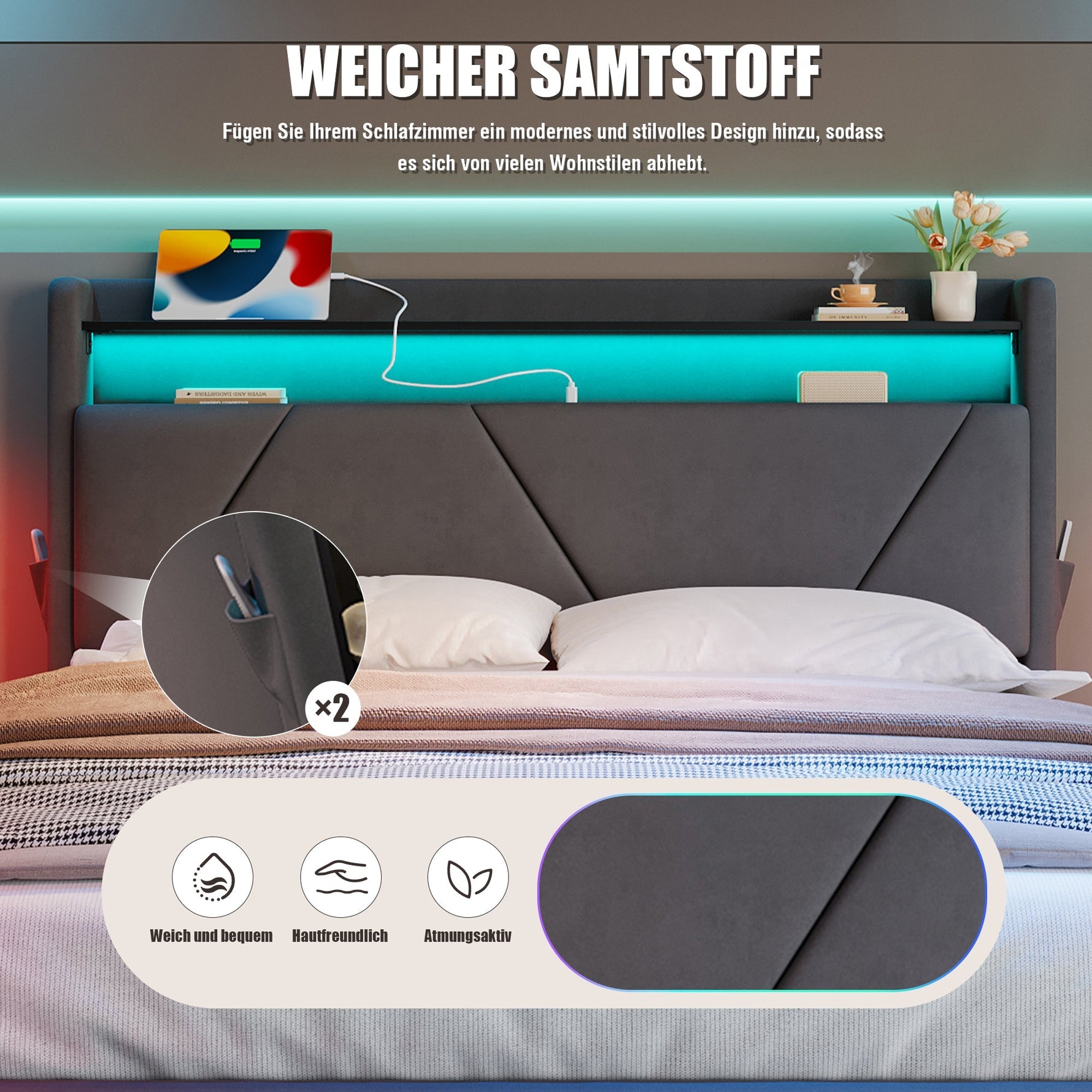 Modern Upholstered Bed, LED Headboard Storage USB Ports, 160 x 200 cm