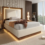 Youth Upholstered Bed 90x200 LED Bed Box - Linen Beige & Walnut