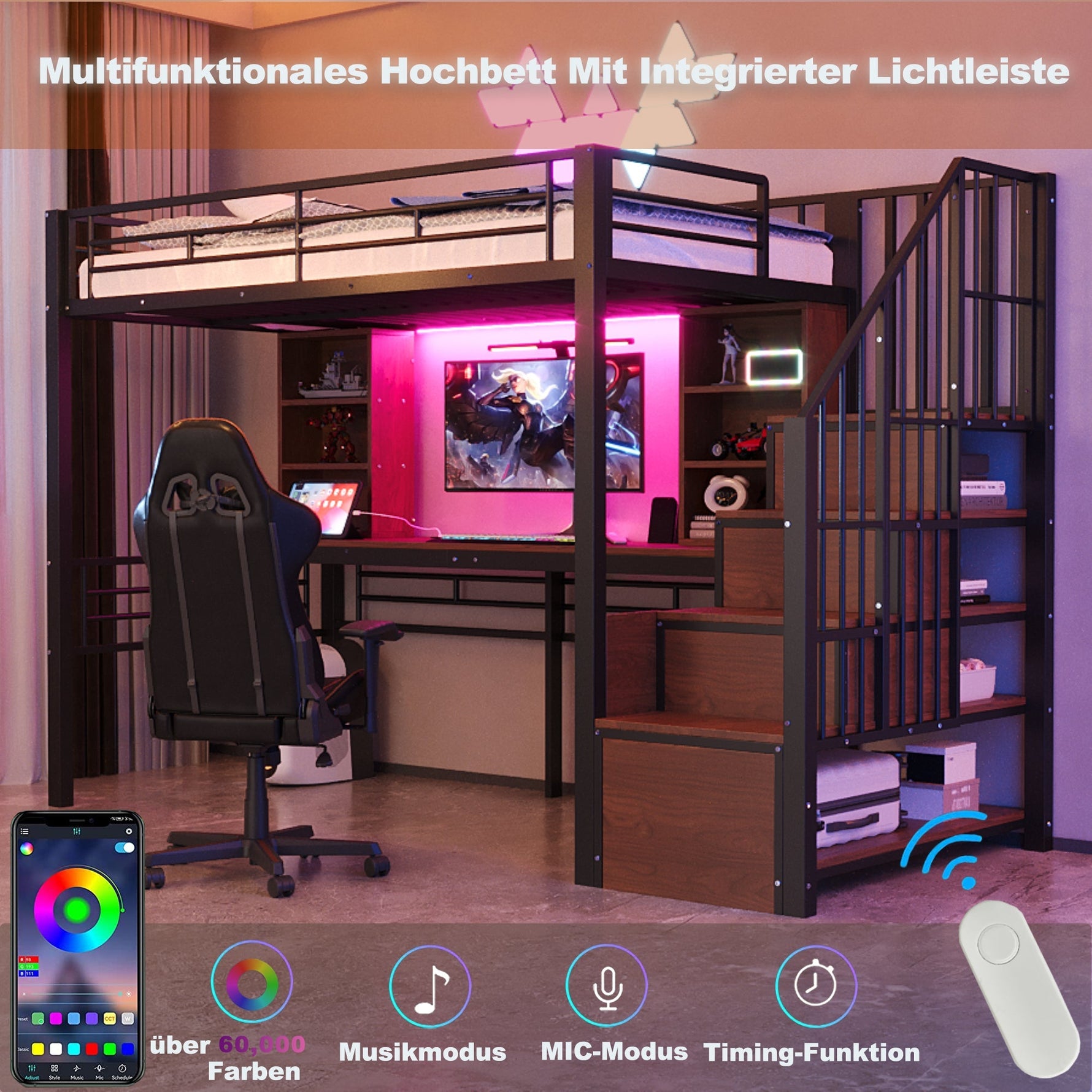 Loft Bed with Desk, Storage Stairs, LED and Socket, 90x200cm, Black Iron