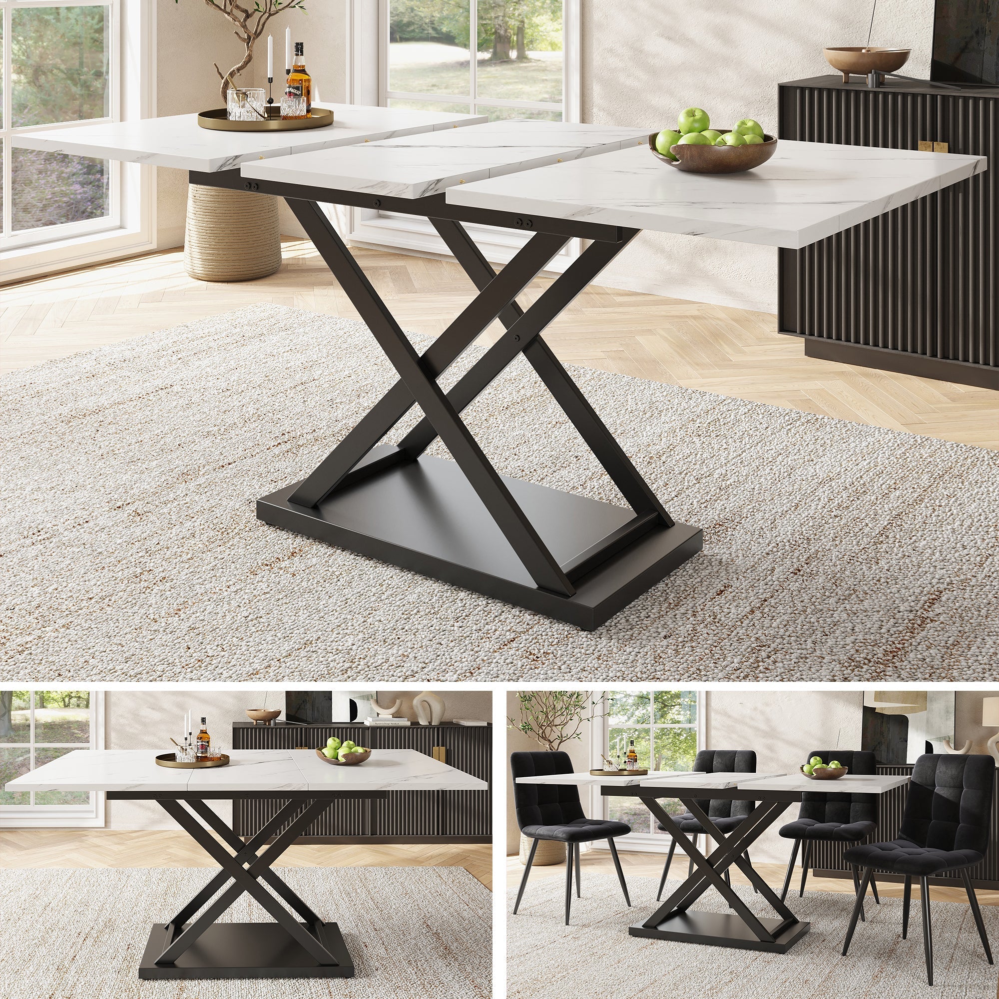 Telescopic Dining Table Extendable 120-160x80cm Crossed Iron Legs - White Marble/Black