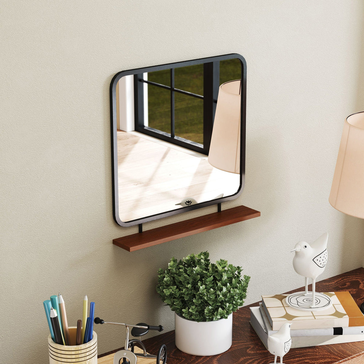 Wall Mirror with Wooden Shelf, Rectangular, Black
